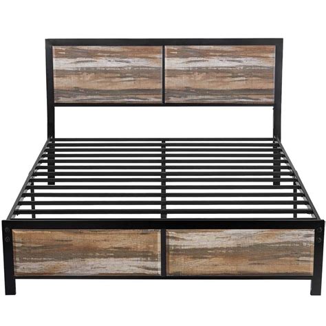 VECELO Queen Metal Platform Bed Frame with Rustic Vintage 